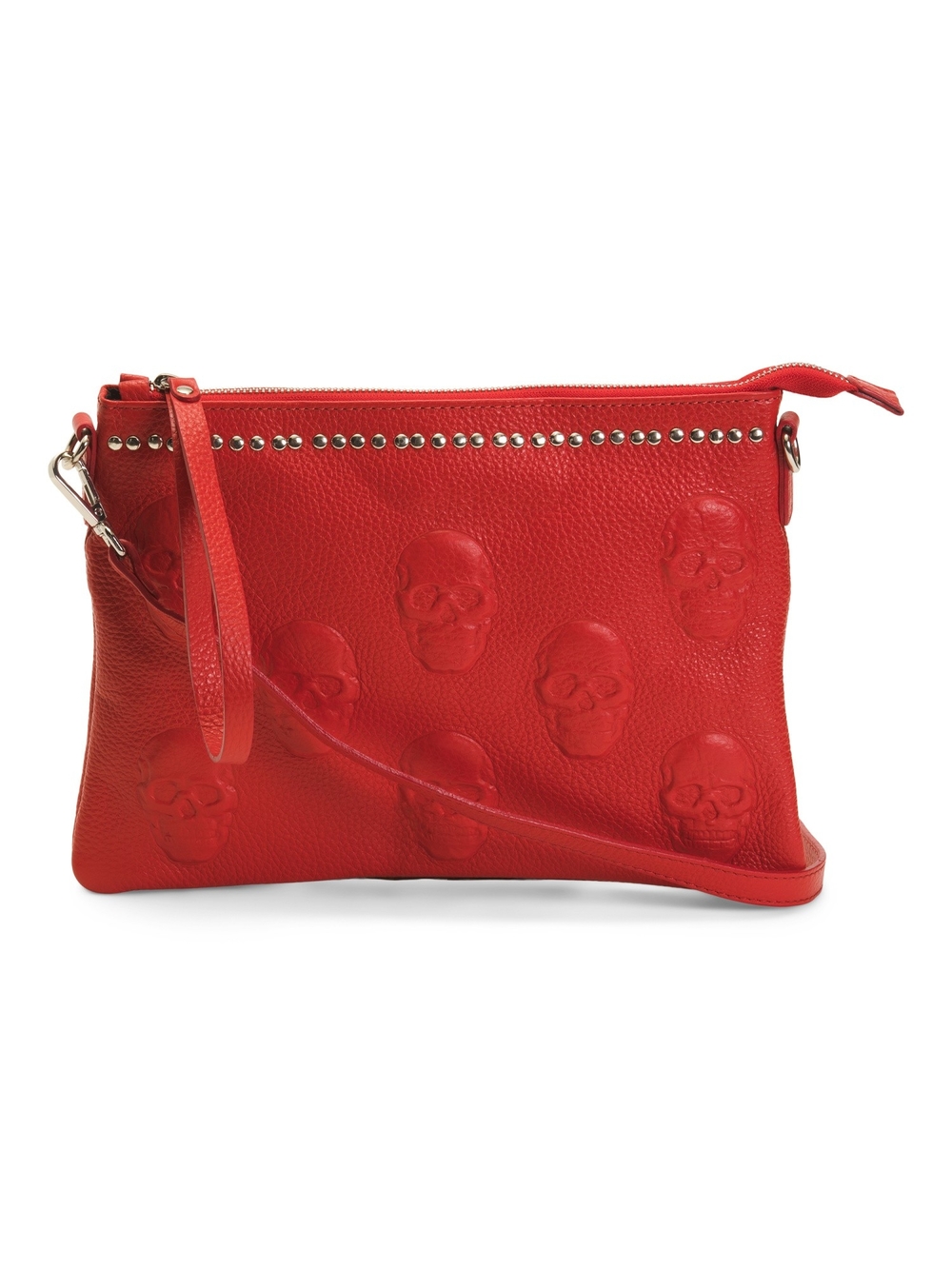 Red Embossed Skull Leather Wristlet Crossbody